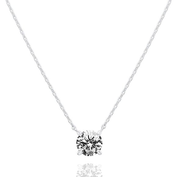 Jewelry - 14K White Gold Plated Crystal Solitaire 1.5 Carat Necklace - New